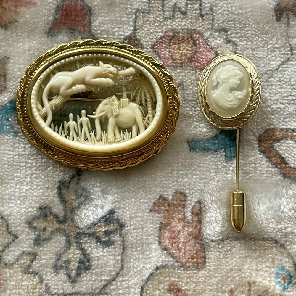 Vintage Gold-Tone Carved Ivory Cameo Brooch and Stick Pin Set